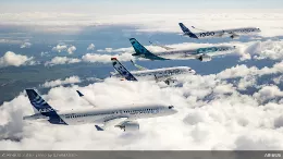 Aviones Airbus en formacin de vuelo con motivo del 50 aniversario de la compaa. Foto Airbus,  S. Ramadier