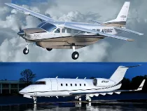 Un  Cessna 208 Grand Caravan (arriba) y un birreactor Challenger 600.