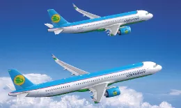 Recreacin de aviones de la familia A320neo con la decoracin de Uzbekistan Airways. Foto: Airbus.