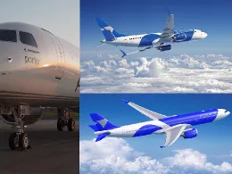 Embraer E195 E2 (izq.), Boeing 737 MAX (arriba drch.), Airbus A330neo. Fotos: Avlon