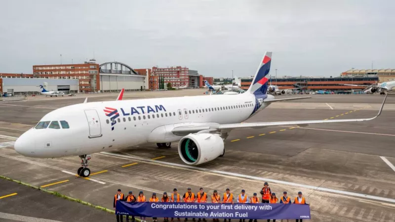 Nuevo avin A320neo de Latam que utiliz un 30% de SAF. Foto: Latam