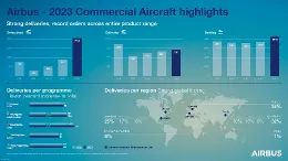 Infografa con la informacin de entregas y pedidos de aviones comerciales de Airbus en 2023. Foto: Airbus