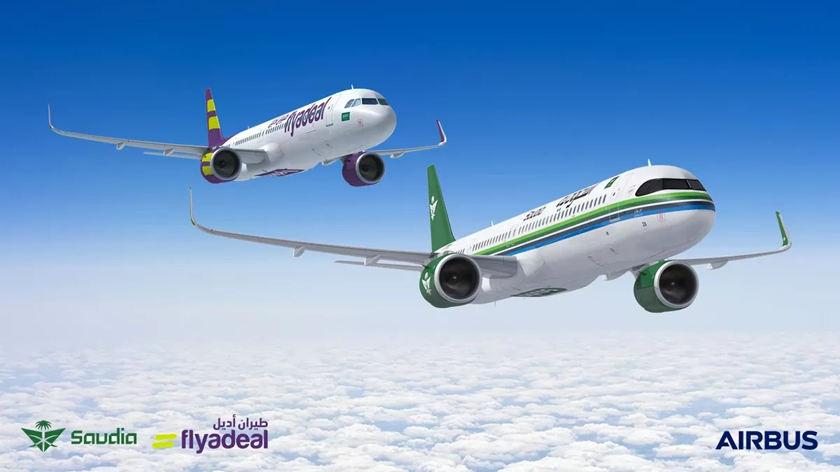 Recreacin de aviones de la familia A320neo con la decoracin de las aerolneas Saudia y flyadeal. Foto: Airbus