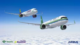 Recreacin de aviones de la familia A320neo con la decoracin de las aerolneas Saudia y flyadeal. Foto: Airbus