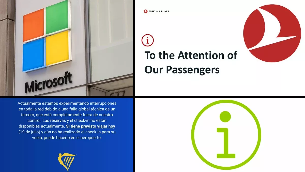 Foto 1: Composicin de imgenes con el logo de Microsoft e imgenes compartidas por aerolneas y Aena en redes sociales para anunciar la incidencia en sus servicios.
