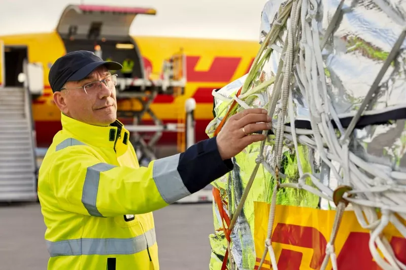 Un operario de DHL Express prepara los paquetes para su introdccin en un avin en un aeropuerto.