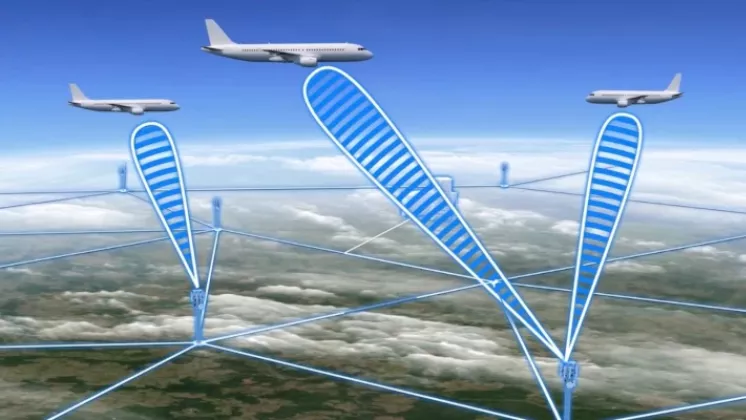 Ilustracin de enlaces de aviones con sensores en tierra para ayudar en sus operaciones. 