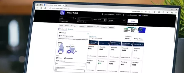 Web con la herramienta de United Airlines que facilita conocer las dimensiones del avin para evaluar la movilidad de cada silla de ruedas por l.