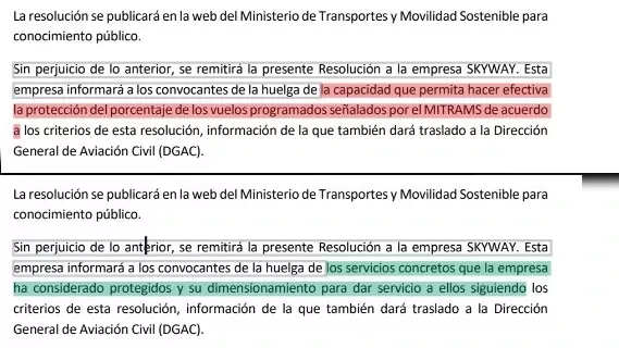 En rojo la nueva redaccin de la resolucin de servicios mnimos. En verde la antigua reaccin.