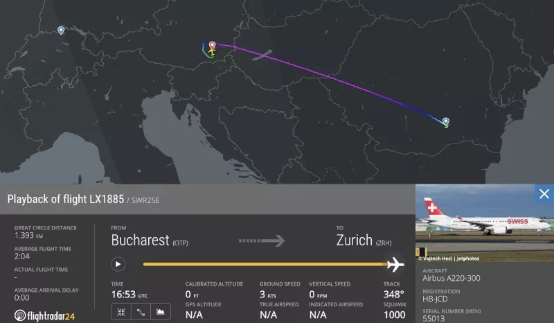 Vuelo suizo LX1885 Bucarest - Zurich del 23 de diciembre de 2024. Captura de pantalla Flightrader24.