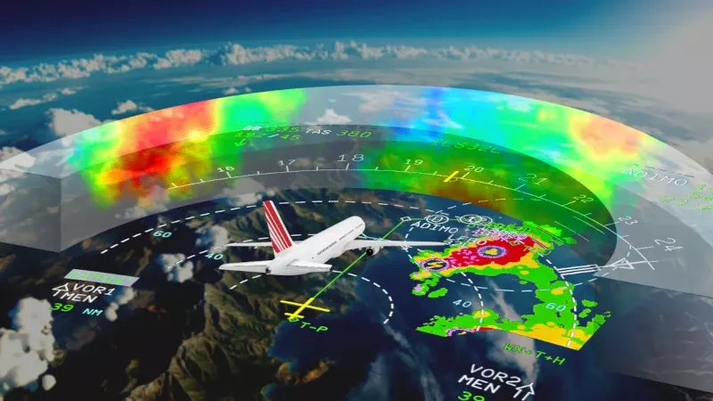 Representacin de la visin que proporciona un radar meteorolgico instalado en un avin. Infografa: Anzen Engineering