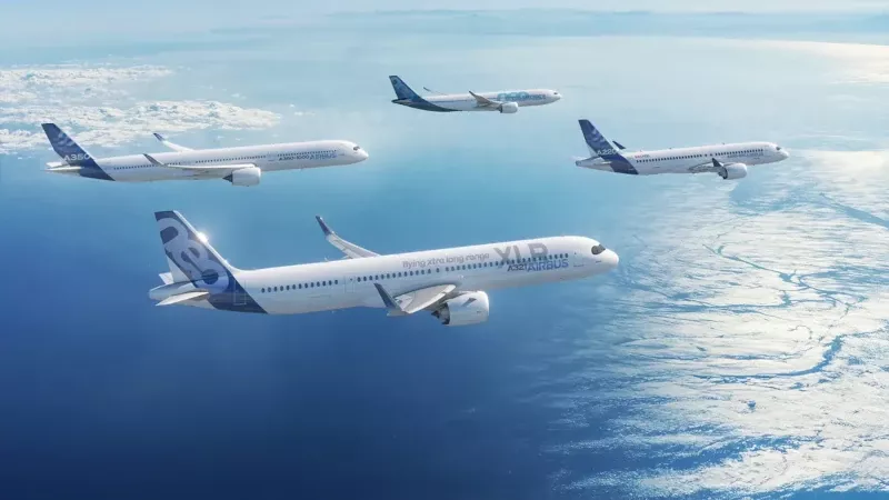 Diferentes aviones comerciales de Airbus en vuelo. Foto: Airbus